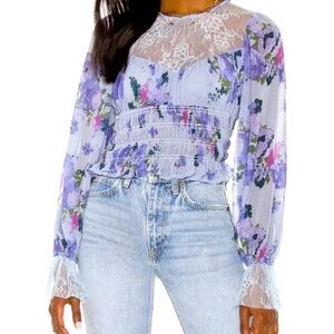 FREE PEOPLE Women’s lace smocked DAPHNE BLOUSE SILVER BLUE COMBO Sz s OBO1367039